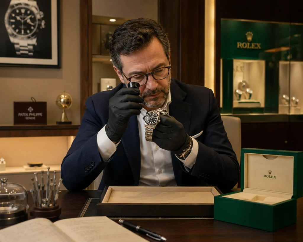 gioielliere che valuta un orologio usato